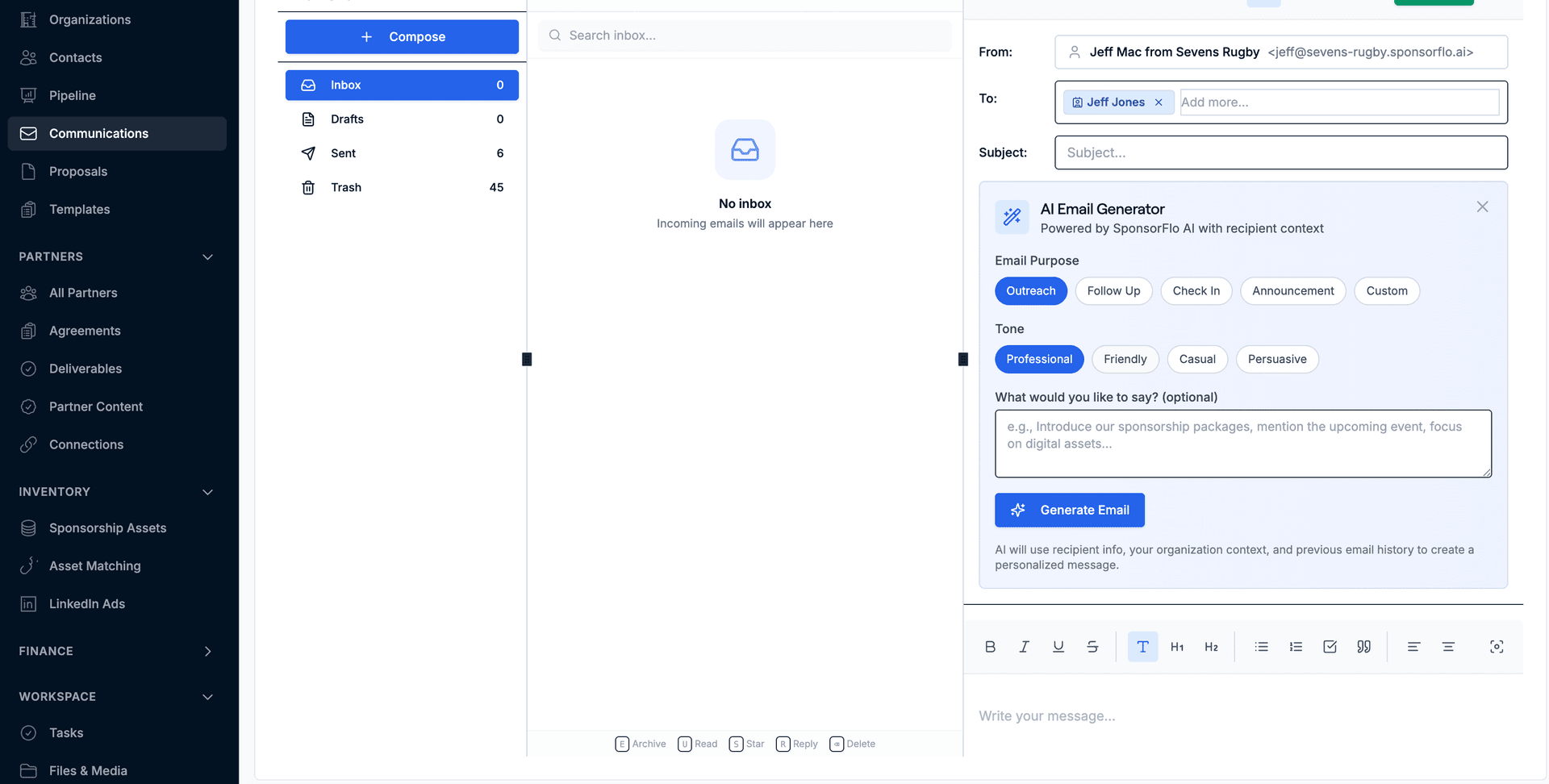 SponsorFlo AI email generator with tone selection, purpose types, and context-aware draft composition