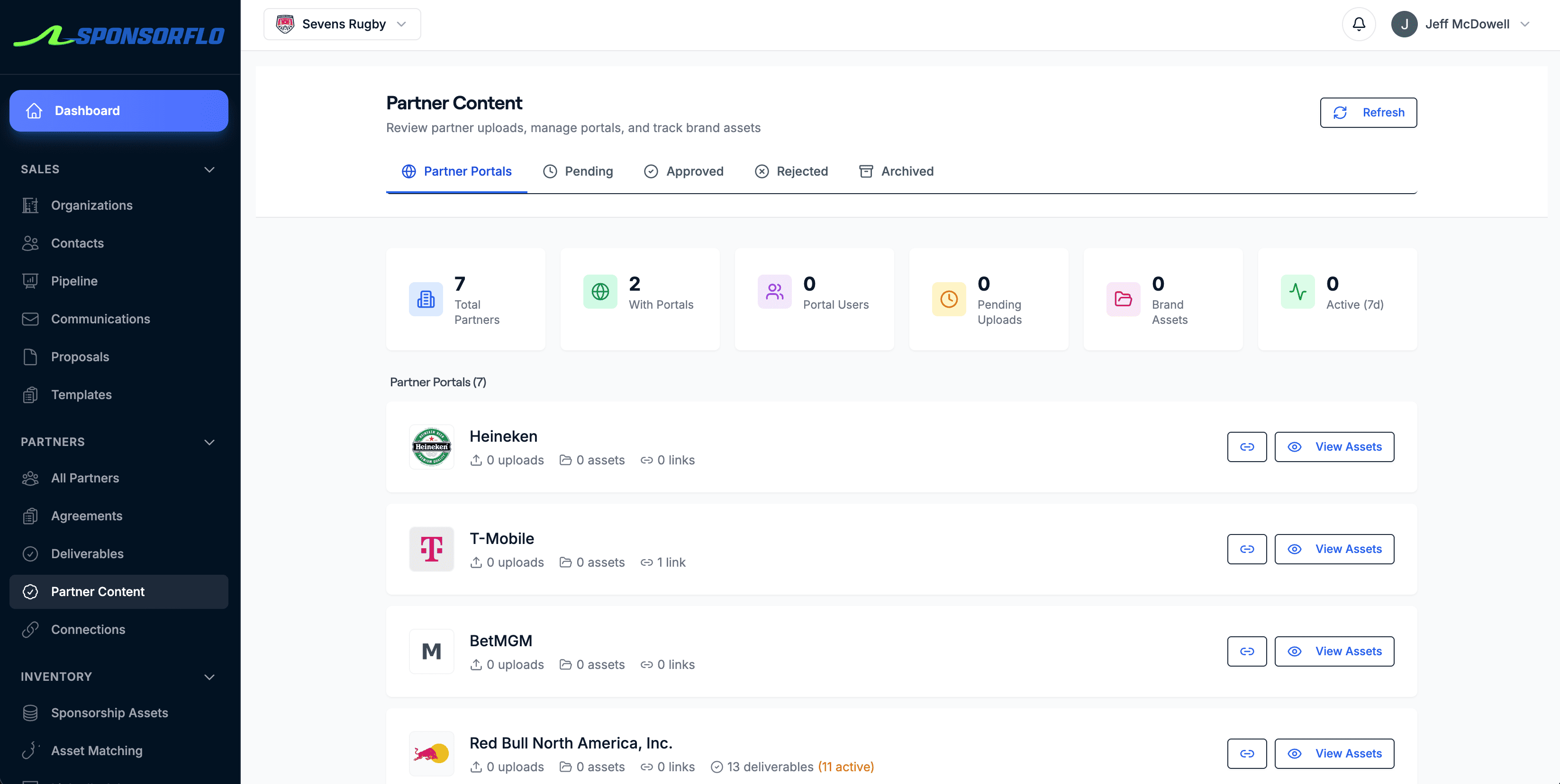 SponsorFlo partner content portals for Heineken, T-Mobile, BetMGM, and Red Bull with upload and asset management