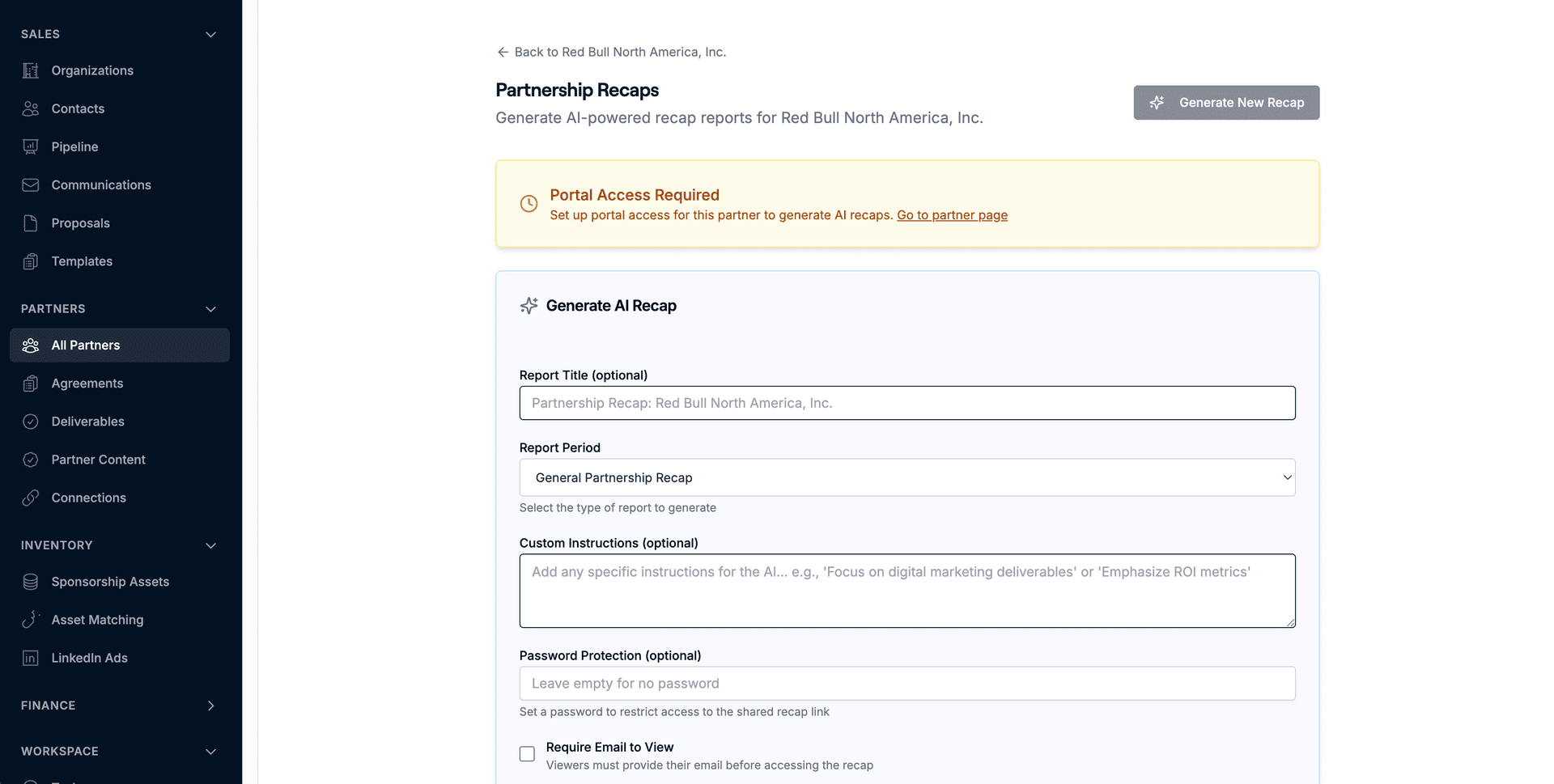 SponsorFlo AI ROI analysis dashboard showing sponsorship performance metrics, revenue analytics, partner breakdowns, and trend forecasting