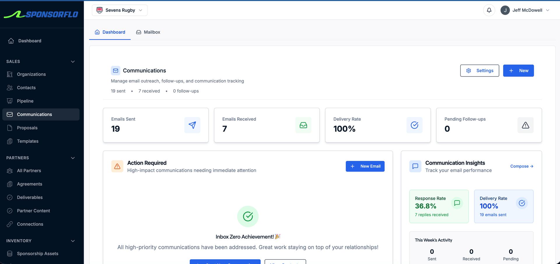 SponsorFlo AI sales pipeline showing sponsor prospects in a drag-and-drop kanban board with deal stages