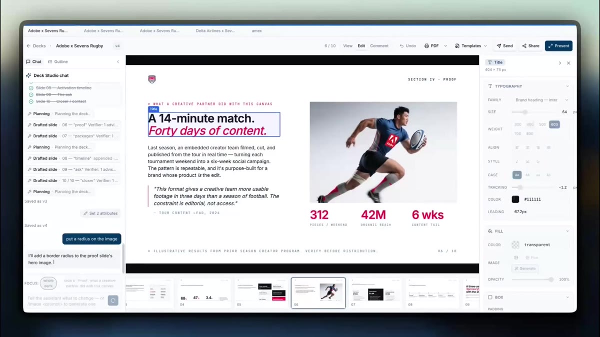 SponsorFlo Deck Studio editing a sponsorship proof slide with AI chat, canvas, and slide filmstrip